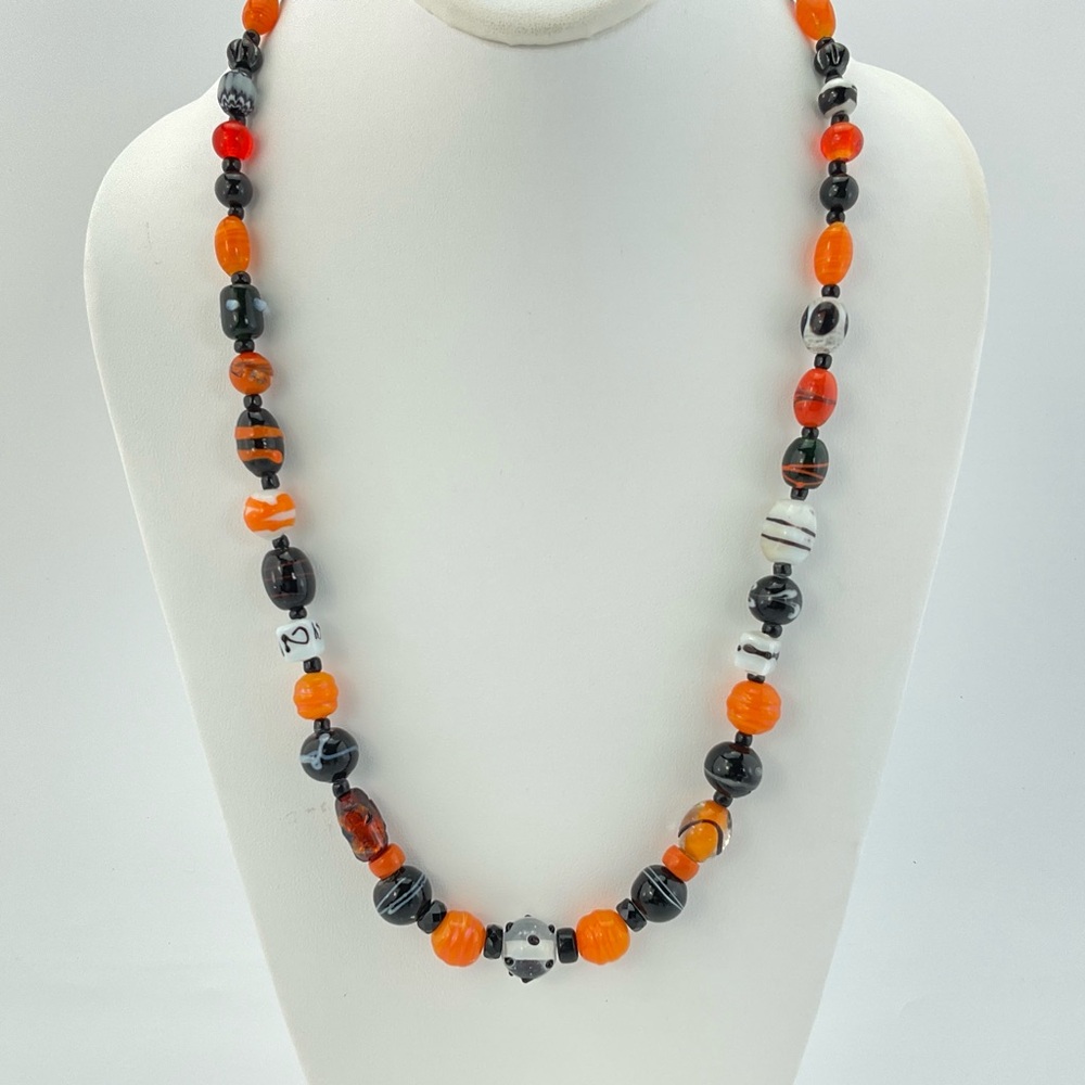 Lamp Work Glass Beads Necklace, Handmade, Halloween, Spooky, Artsy, 26" Long